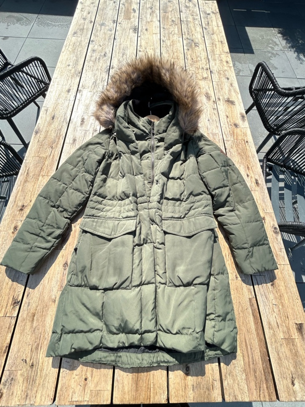 Eddie Bauer Olive Green Quilted Jacket with Hood Trim